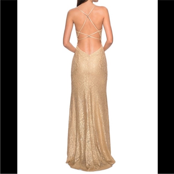 NEW LA FEMME SZ 12 GOLD LACE ILLUSION FORMAL EVENING GOWN - Picture 15 of 16